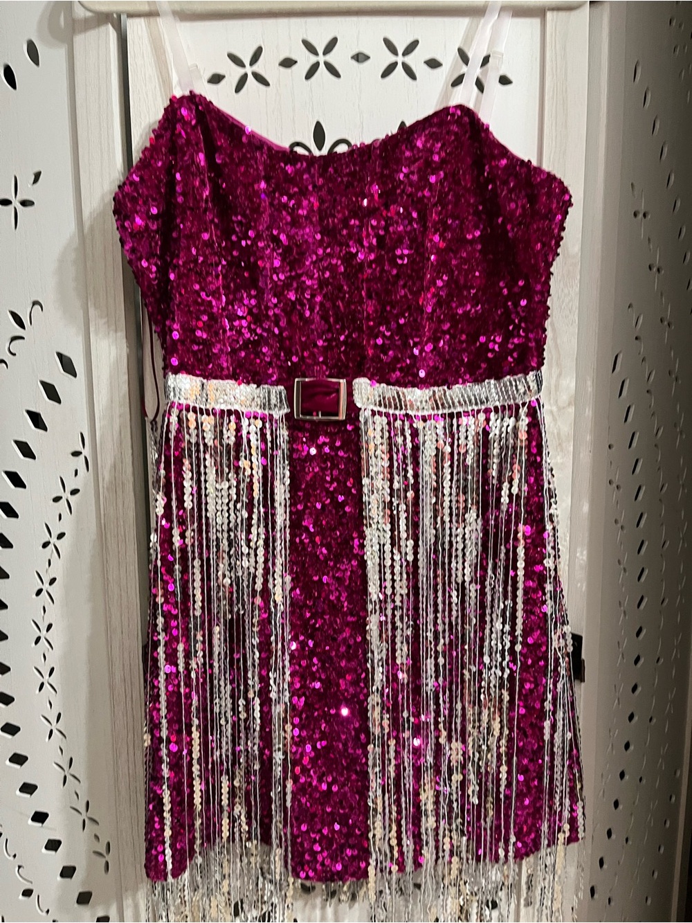 Womens Fuchsia Sequin Fringe Party Dress